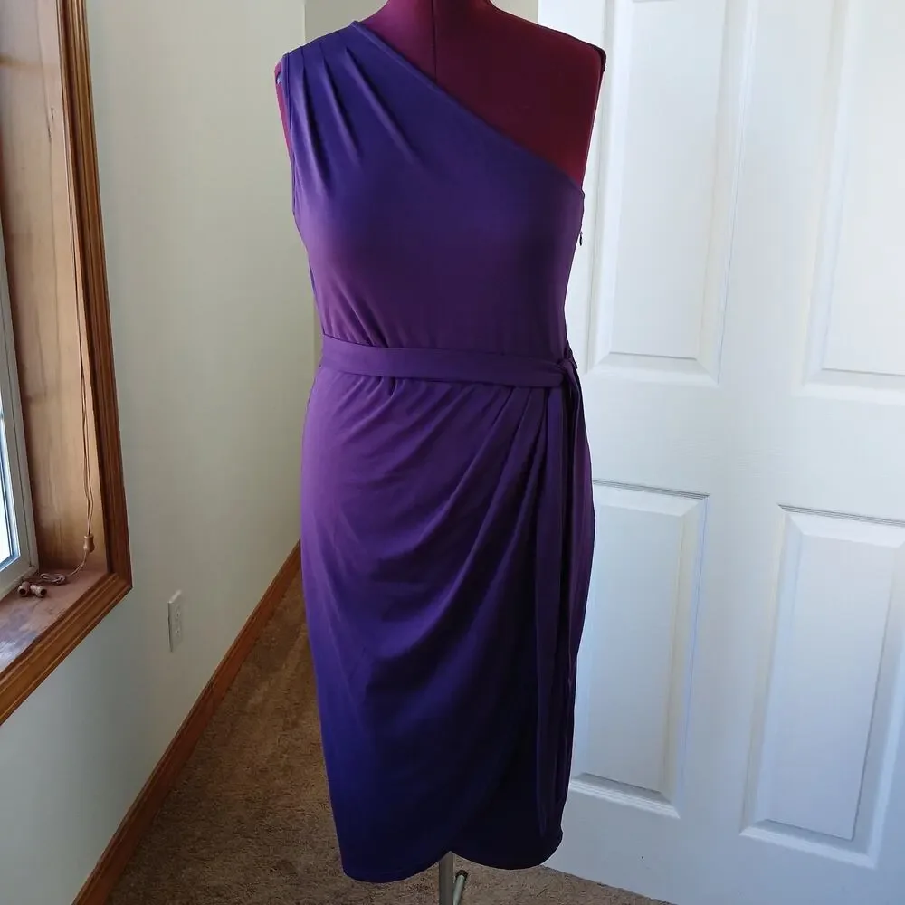 Yathon Purple One Shoulder Wrap Tie Dress XL jersey knit comfy cocktail midi - Picture 6 of 15